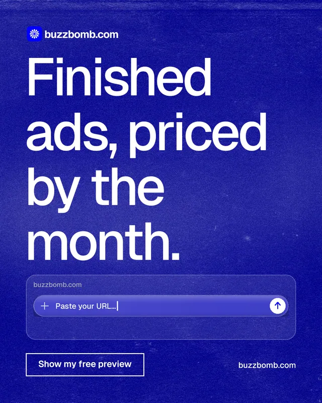 Instagram portrait post for BuzzBomb: "Finished ads, priced by the month." Cyanotype style, poster layout, dark palette in blue.