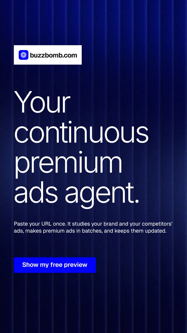 Instagram story for BuzzBomb: "Your continuous premium ads agent." Swiss style, announce layout, dark palette in black, blue, grey.