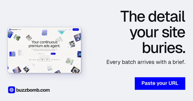 Social ad for BuzzBomb: "The detail your site buries." Swiss style, right layout, light palette in white, blue.