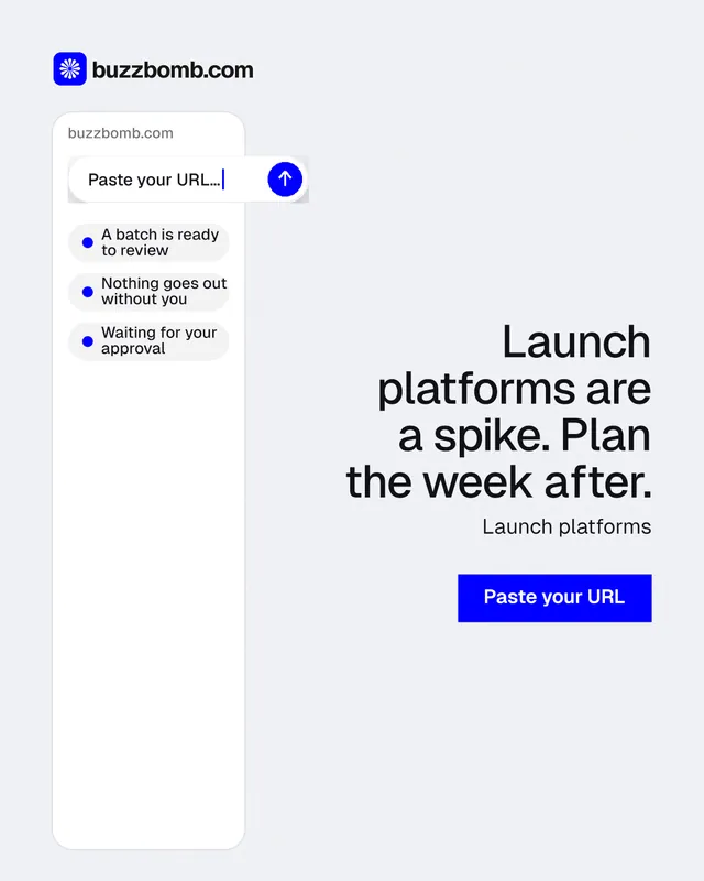Instagram portrait post for BuzzBomb: "Launch platforms are a spike. Plan the week after." Swiss style, right layout, light palette in white, blue.