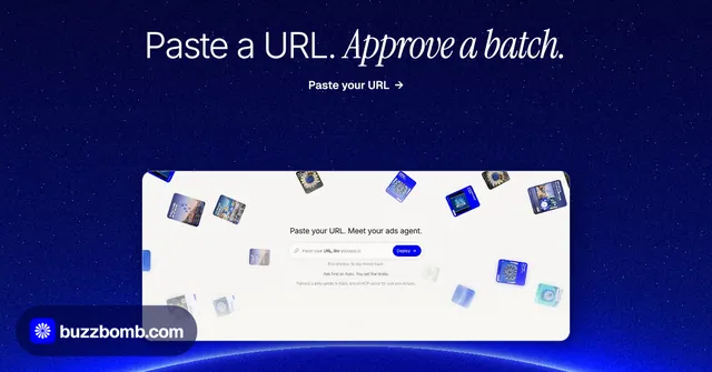 Social ad for BuzzBomb: "Paste a URL. Approve a batch." Swiss style, ogui layout, dark palette in blue, white.