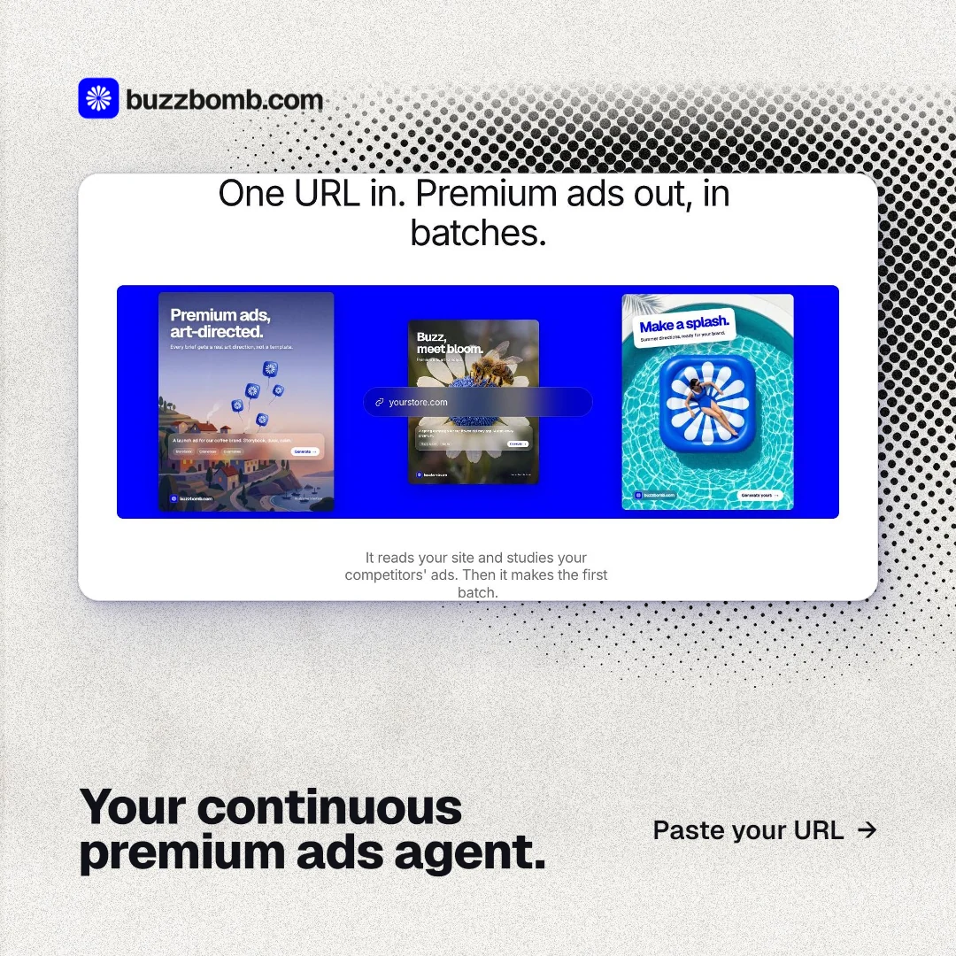 Instagram post for BuzzBomb: "Your continuous premium ads agent." Ink sticker style, image led layout, light palette in white, blue.