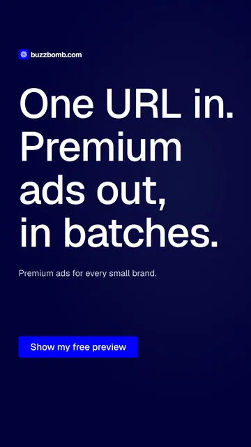Video for BuzzBomb: "One URL in. Premium ads out, in batches.". Doc motion loop, 6.0 s, dark palette.