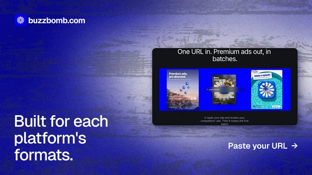 Landscape graphic for BuzzBomb: "Built for each platform's formats." Cyanotype style, image led layout, dark palette in blue.