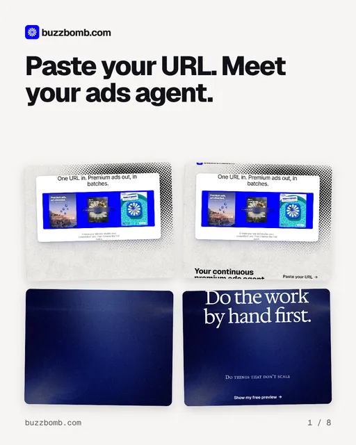 Carousel for BuzzBomb: "Paste your URL. Meet your ads agent.". Collection carousel, 8 slides, light palette.