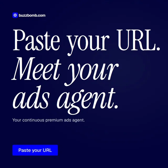 Video for BuzzBomb: "Paste your URL. Meet your ads agent.". Doc motion loop, 6.0 s, dark palette.