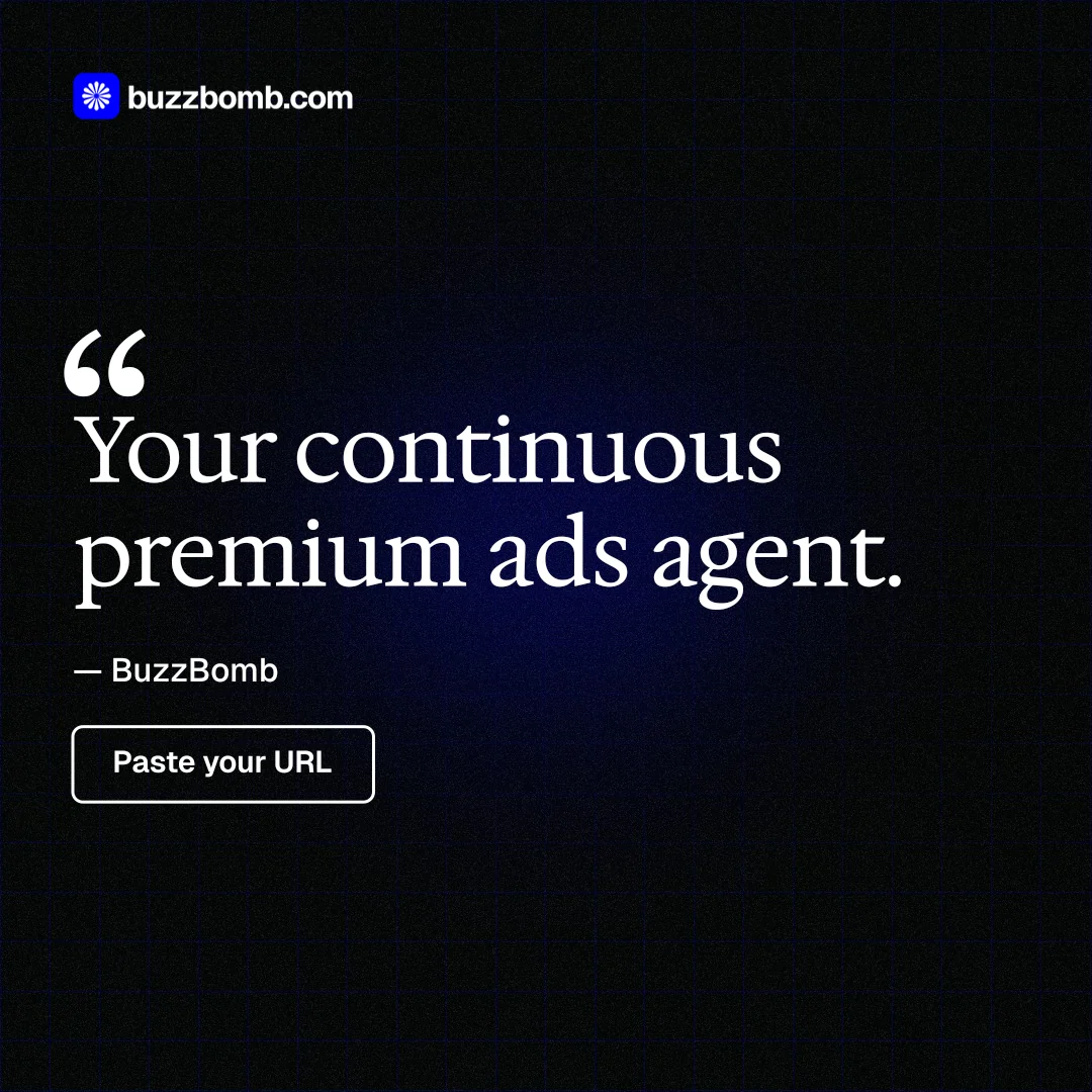 Instagram post for BuzzBomb: "Your continuous premium ads agent." Phosphor atlas style, quote layout, dark palette in black, grey.