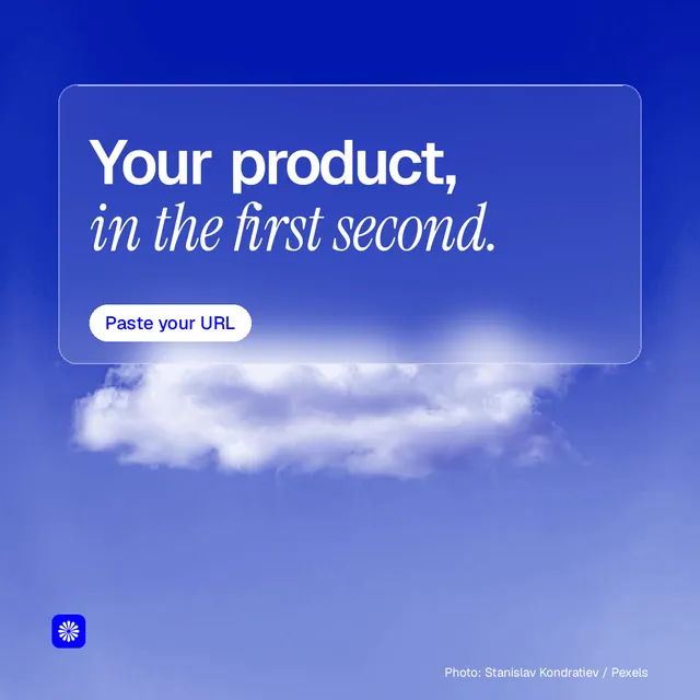Instagram post for BuzzBomb: "Your product, in the first second." Glass style, technique:pexels ingredient layout, light palette in blue.
