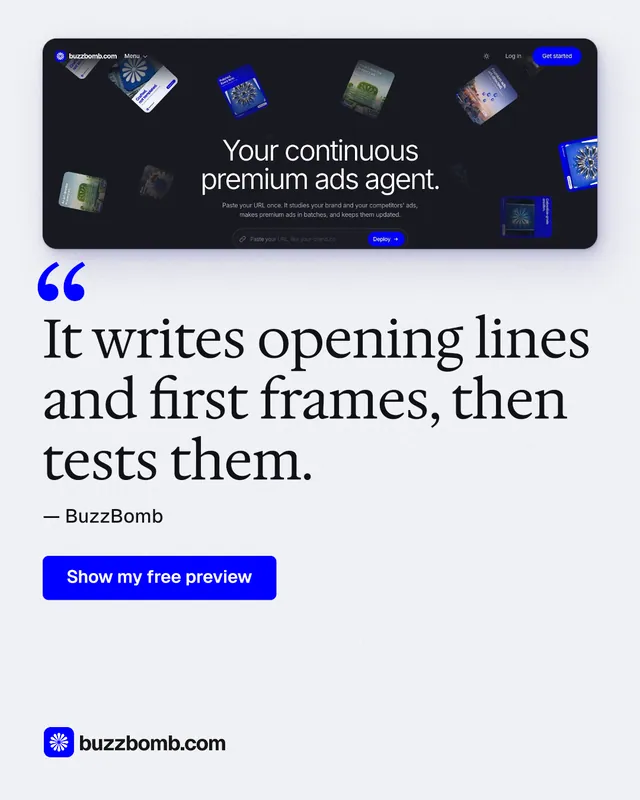 Instagram portrait post for BuzzBomb: "It writes opening lines and first frames, then tests them." Data card style, quote layout, light palette in white, blue.