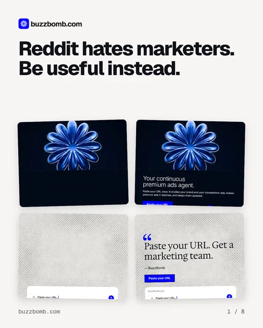 Carousel for BuzzBomb: "Reddit hates marketers. Be useful instead.". Collection carousel, 8 slides, light palette.