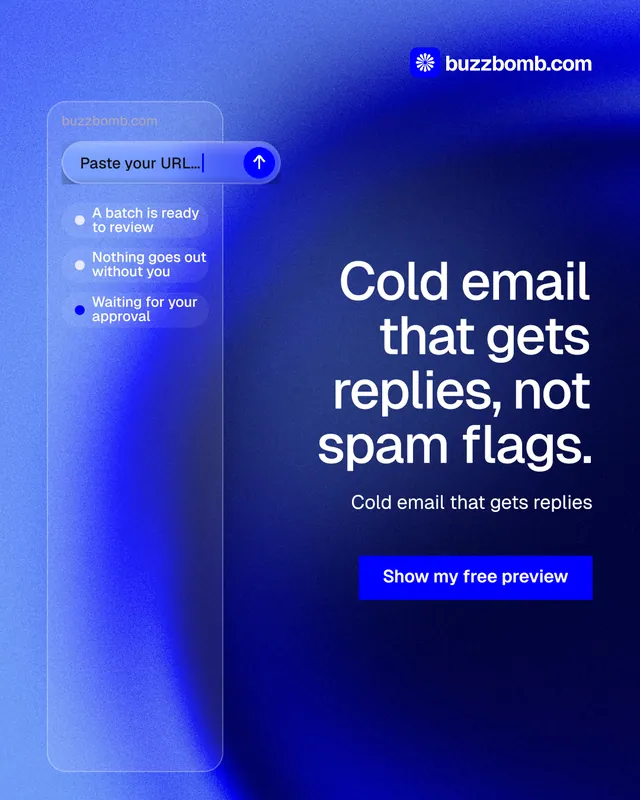 Instagram portrait post for BuzzBomb: "Cold email that gets replies, not spam flags." Swiss style, right layout, dark palette in blue.