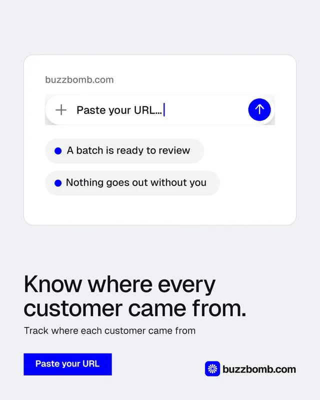 Instagram portrait post for BuzzBomb: "Know where every customer came from." Swiss style, bottom layout, light palette in white, blue.