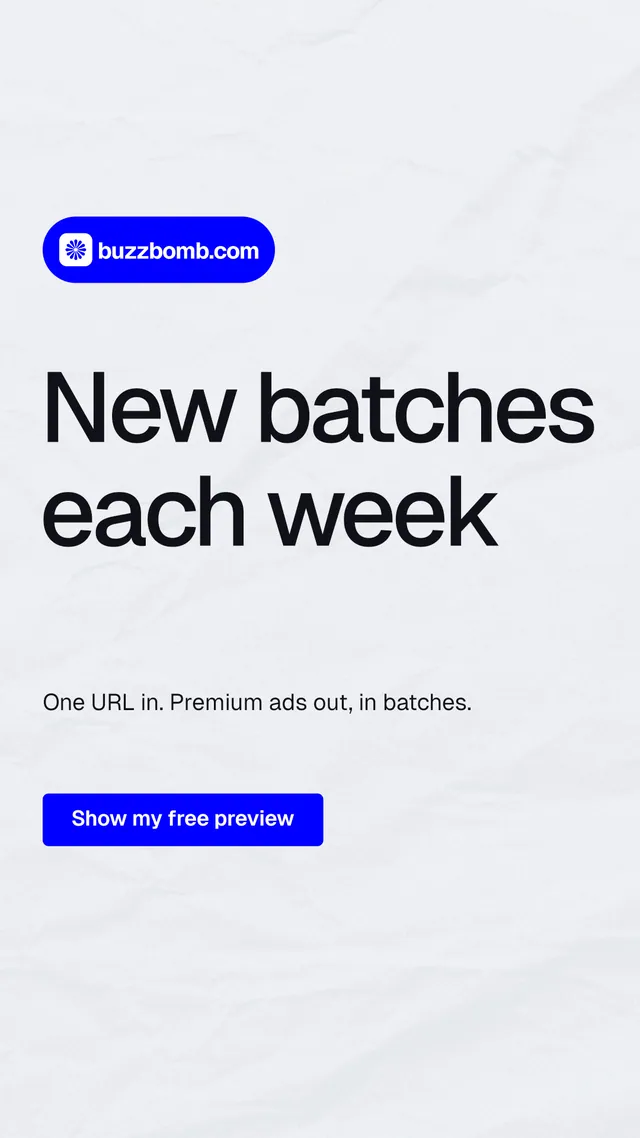 Instagram story for BuzzBomb: "New batches each week". Data card style, announce layout, light palette in white, blue.