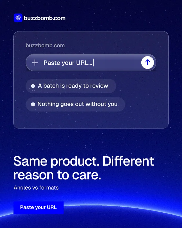 Instagram portrait post for BuzzBomb: "Same product. Different reason to care." Swiss style, bottom layout, dark palette in blue.