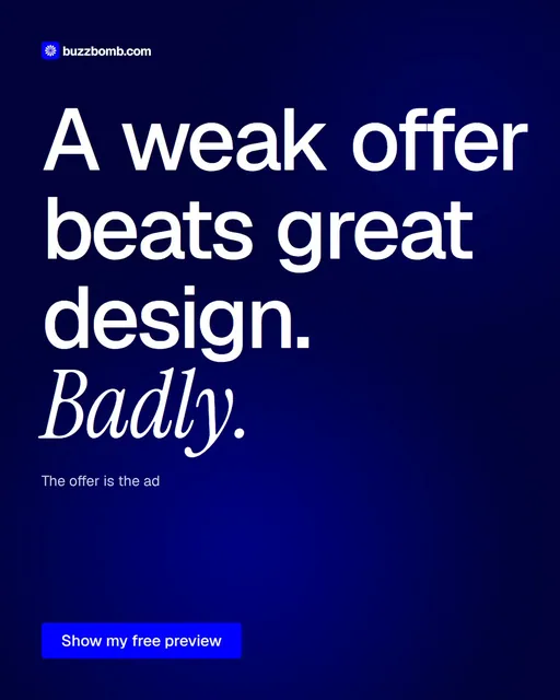 Video for BuzzBomb: "A weak offer beats great design. Badly.". Doc motion loop, 6.0 s, dark palette.
