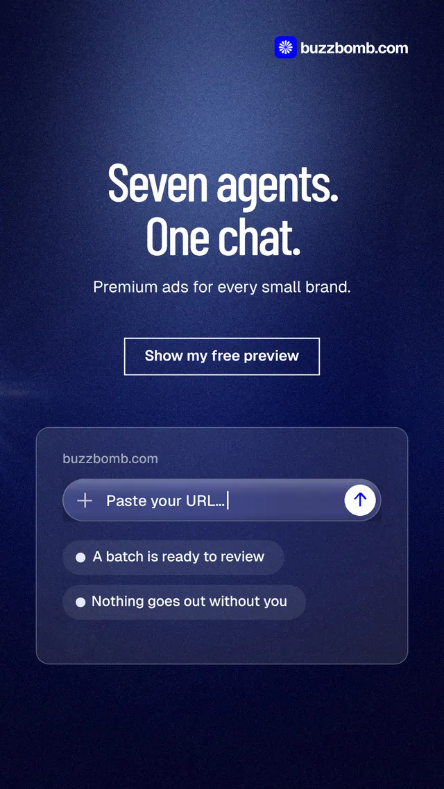 Instagram story for BuzzBomb: "Seven agents. One chat." Dark deco style, centred layout, dark palette in blue, black.