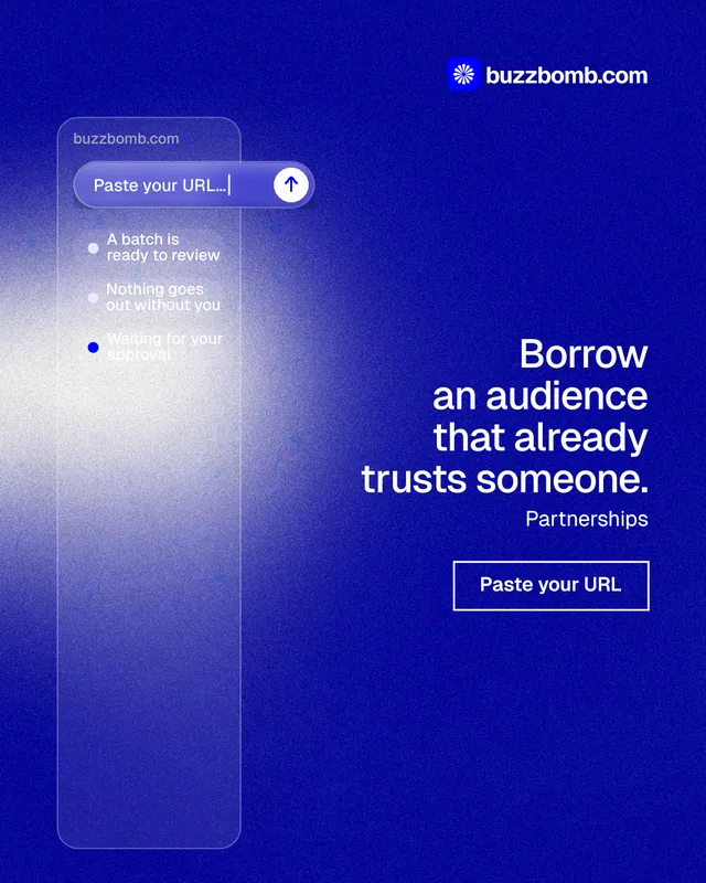 Instagram portrait post for BuzzBomb: "Borrow an audience that already trusts someone." Cyanotype style, right layout, dark palette in blue.