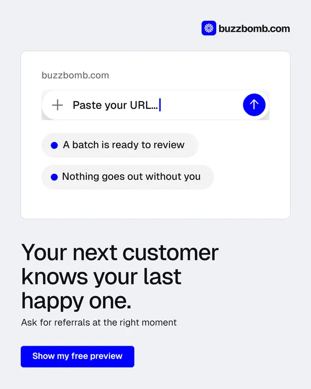 Instagram portrait post for BuzzBomb: "Your next customer knows your last happy one." Data card style, bottom layout, light palette in white, blue.