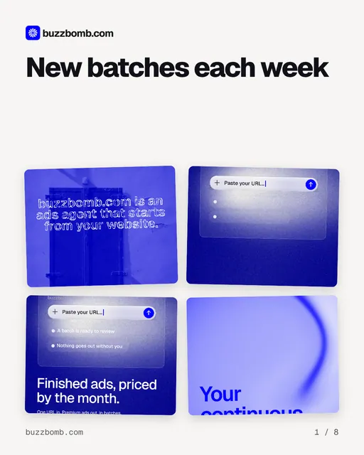 Carousel for BuzzBomb: "New batches each week". Collection carousel, 8 slides, light palette.