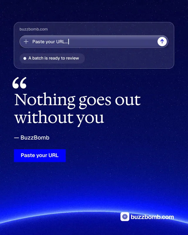 Instagram portrait post for BuzzBomb: "Nothing goes out without you". Swiss style, quote layout, dark palette in blue.
