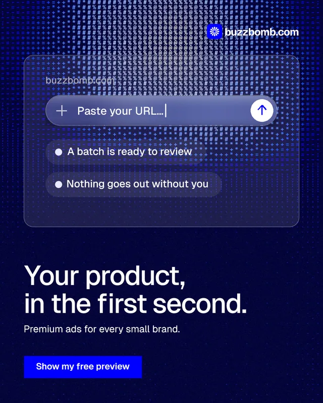 Instagram portrait post for BuzzBomb: "Your product, in the first second." Swiss style, bottom layout, dark palette in blue, black.
