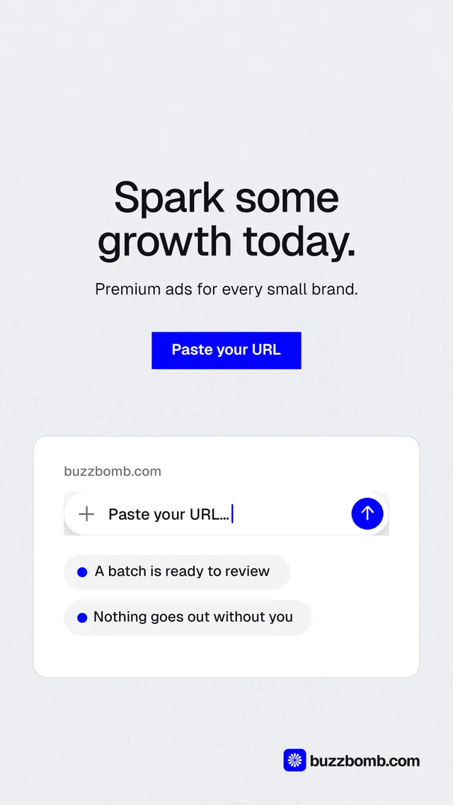 Instagram story for BuzzBomb: "Spark some growth today." Swiss style, centred layout, light palette in white, blue.