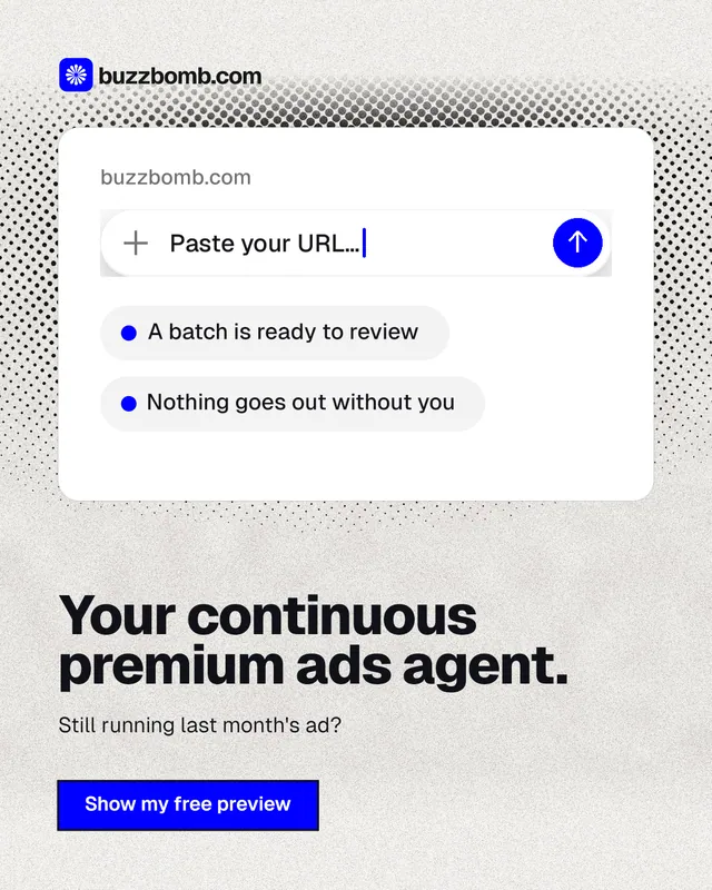 Instagram portrait post for BuzzBomb: "Your continuous premium ads agent." Ink sticker style, bottom layout, light palette in white, grey.