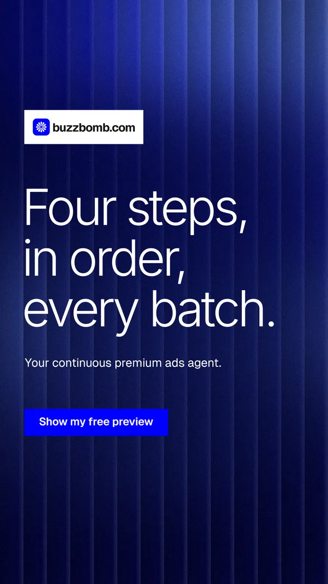 Instagram story for BuzzBomb: "Four steps, in order, every batch." Swiss style, announce layout, dark palette in blue.