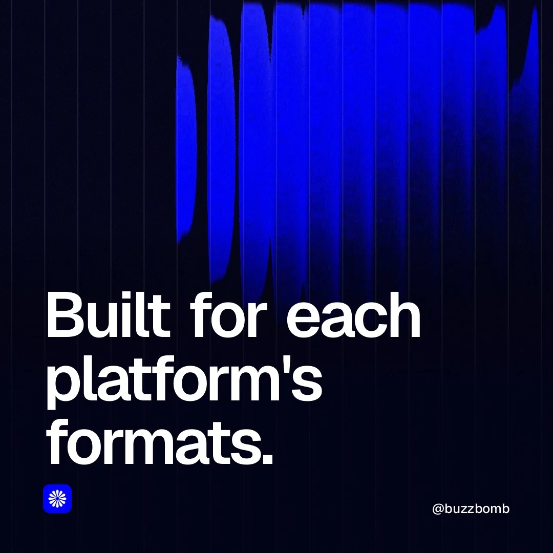 Video for BuzzBomb: "Built for each platform's formats.". Shader loop, 6.0 s, dark palette.