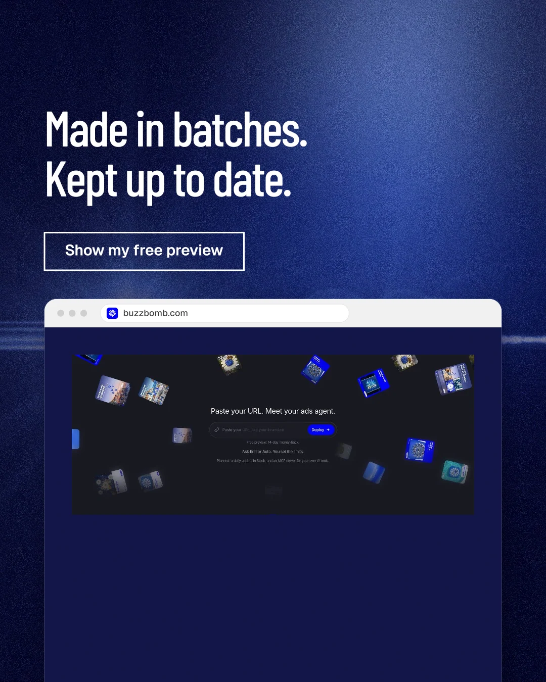 Instagram portrait post for BuzzBomb: "Made in batches. Kept up to date." Dark deco style, browser layout, dark palette in blue.