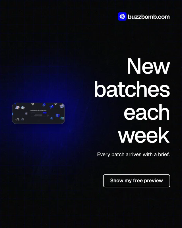 Instagram portrait post for BuzzBomb: "New batches each week". Phosphor atlas style, right layout, dark palette in black.