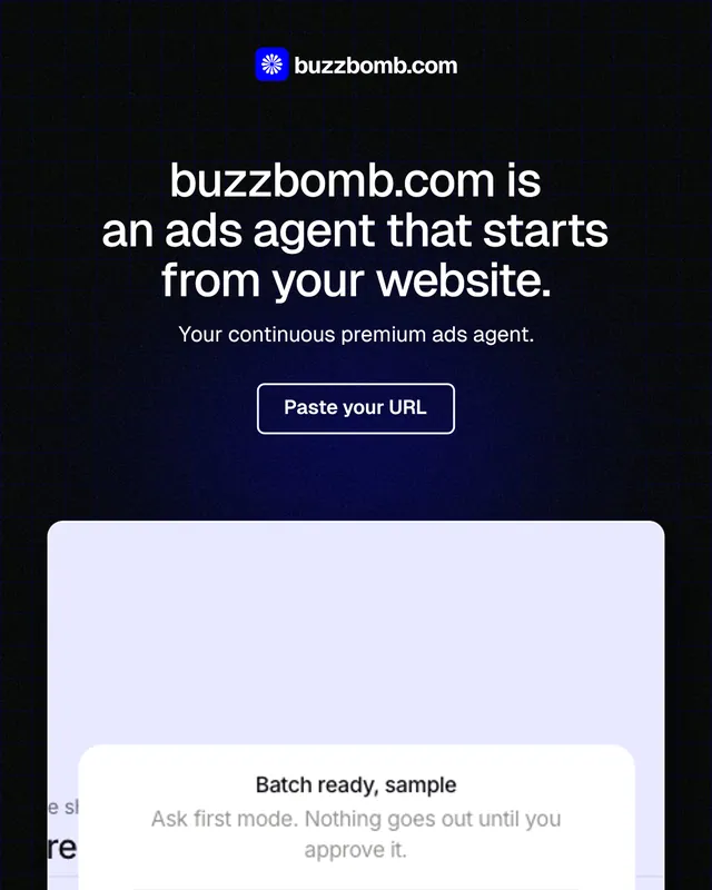 Instagram portrait post for BuzzBomb: "buzzbomb.com is an ads agent that starts from your website." Phosphor atlas style, centred layout, dark palette in black, white, grey.