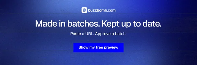 X header for BuzzBomb: "Made in batches. Kept up to date." Swiss style, centred layout, dark palette in blue.