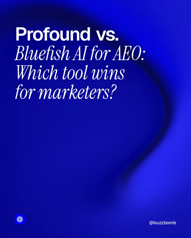 Instagram portrait post for BuzzBomb: "Profound vs. Bluefish AI for AEO: Which tool wins for marketers?" Auto 4x5 style, technique:shader field layout, dark palette in blue.