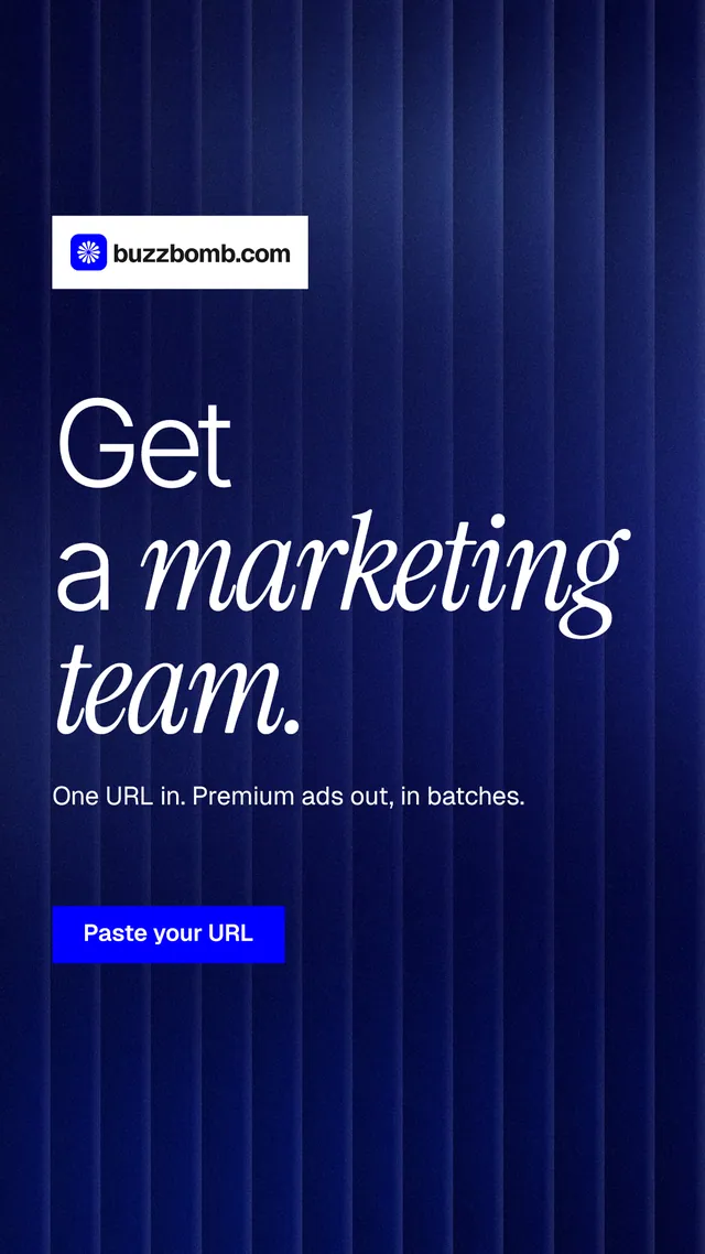 Instagram story for BuzzBomb: "Get a marketing team." Swiss style, announce layout, dark palette in blue.