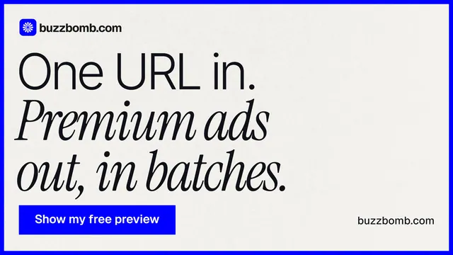 Landscape graphic for BuzzBomb: "One URL in. Premium ads out, in batches." Swiss style, poster layout, light palette in white, blue.