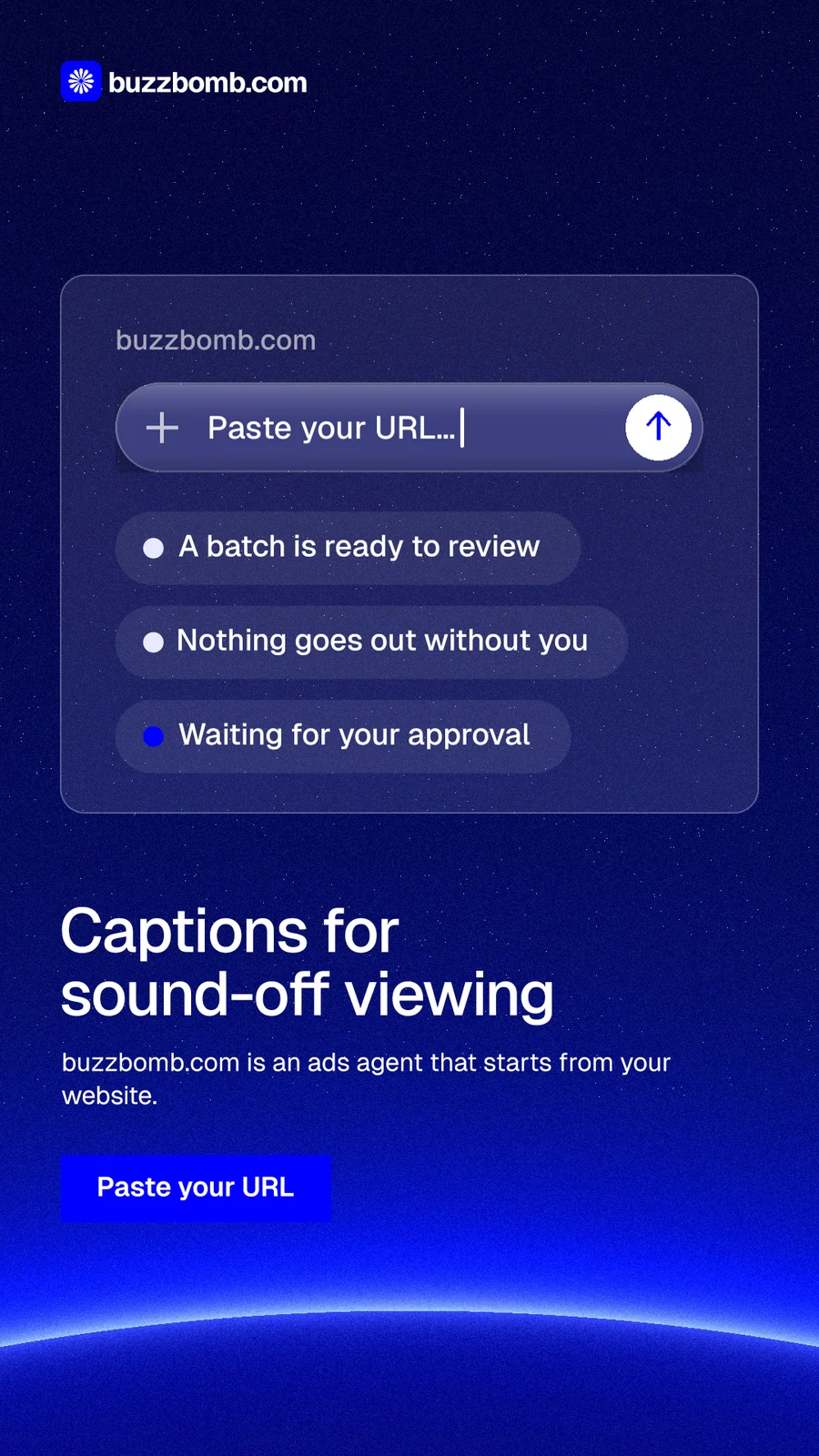 Instagram story for BuzzBomb: "Captions for sound-off viewing". Swiss style, bottom layout, dark palette in blue.
