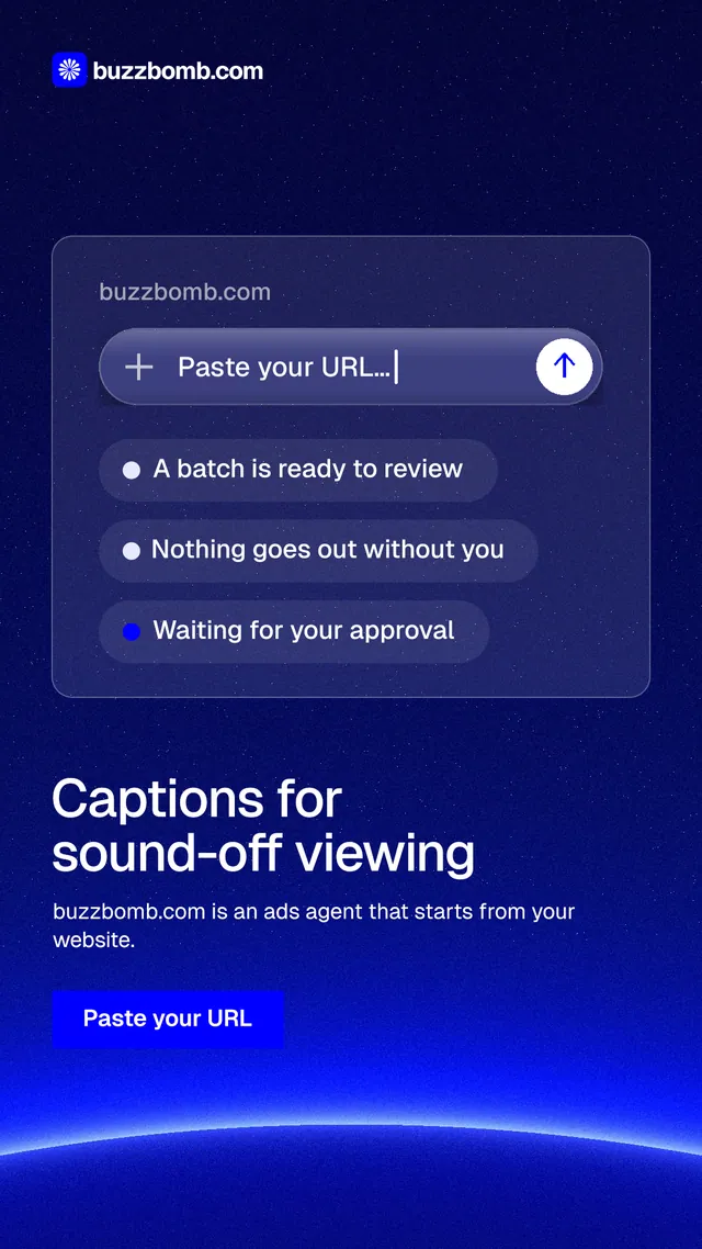 Instagram story for BuzzBomb: "Captions for sound-off viewing". Swiss style, bottom layout, dark palette in blue.