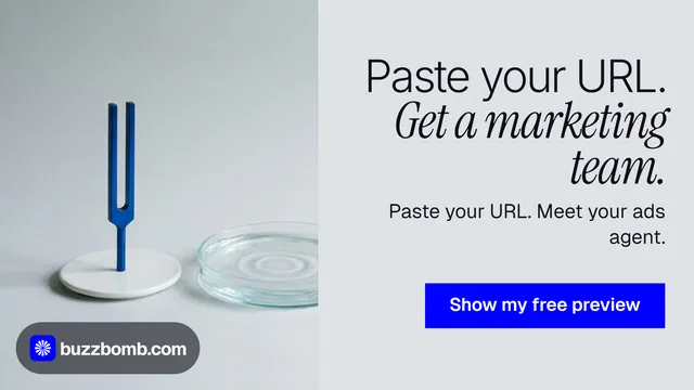 Landscape graphic for BuzzBomb: "Paste your URL. Get a marketing team." Swiss style, right layout, light palette in white, grey, blue.