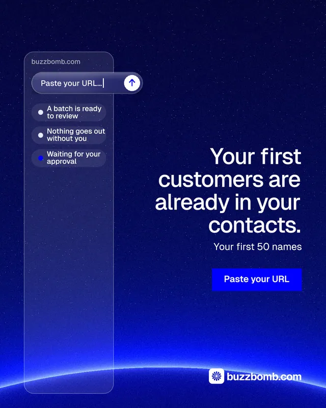Instagram portrait post for BuzzBomb: "Your first customers are already in your contacts." Swiss style, right layout, dark palette in blue.