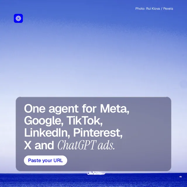 Instagram post for BuzzBomb: "One agent for Meta, Google, TikTok, LinkedIn, Pinterest, X and ChatGPT ads." Glass style, technique:pexels ingredient layout, light palette in blue.