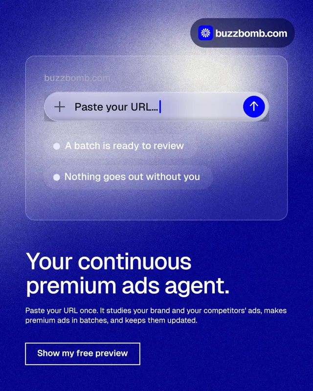 Instagram portrait post for BuzzBomb: "Your continuous premium ads agent." Cyanotype style, bottom layout, dark palette in blue.