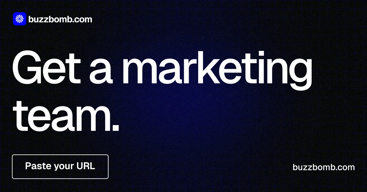 Social ad for BuzzBomb: "Get a marketing team." Phosphor atlas style, poster layout, dark palette in black, grey.