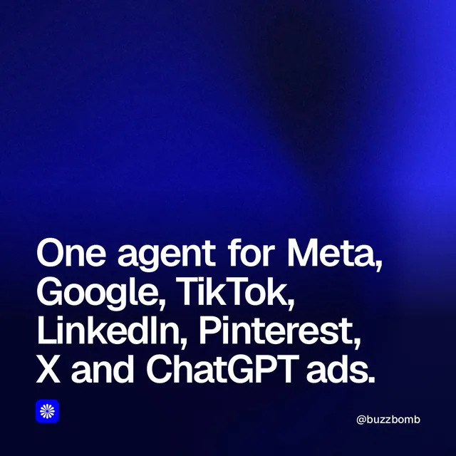 Video for BuzzBomb: "One agent for Meta, Google, TikTok, LinkedIn, Pinterest, X and ChatGPT ads.". Shader loop, 6.0 s, dark palette.