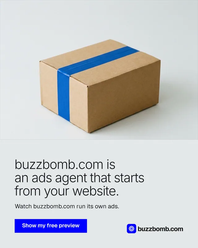 Instagram portrait post for BuzzBomb: "buzzbomb.com is an ads agent that starts from your website." Swiss style, bottom layout, light palette in white, grey.