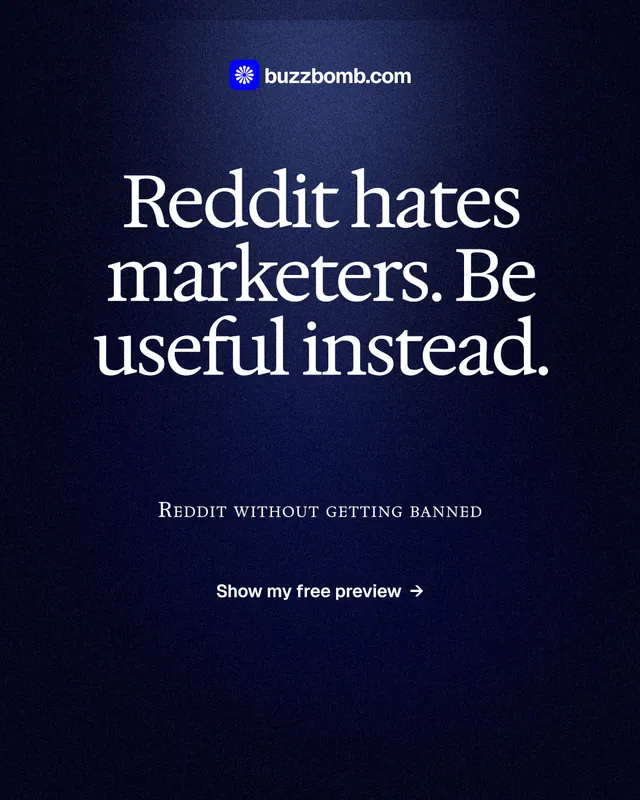 Instagram portrait post for BuzzBomb: "Reddit hates marketers. Be useful instead." Dark deco style, smallcaps layout, dark palette in black, blue, grey.