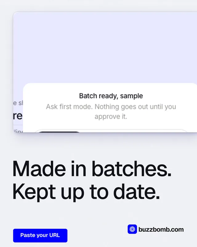 Instagram portrait post for BuzzBomb: "Made in batches. Kept up to date." Data card style, bottom layout, light palette in white, blue.