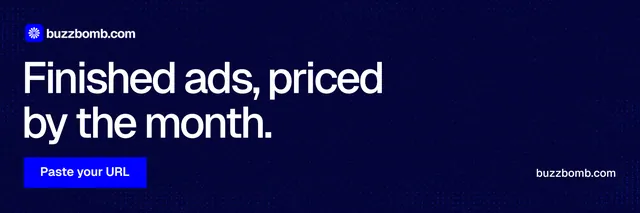 X header for BuzzBomb: "Finished ads, priced by the month." Swiss style, poster layout, dark palette in blue.