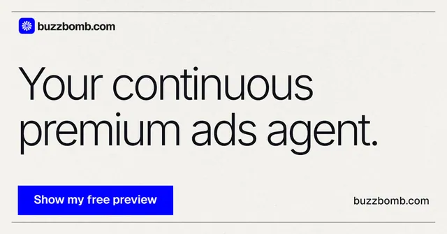 Social ad for BuzzBomb: "Your continuous premium ads agent." Swiss style, poster layout, light palette in white, blue.