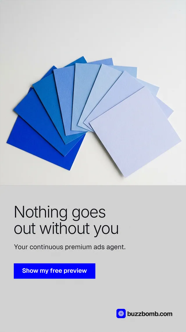 Instagram story for BuzzBomb: "Nothing goes out without you". Swiss style, bottom layout, light palette in white, blue.